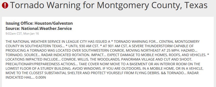 Tornado Warning for Montgomery County